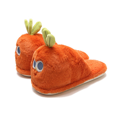 Cute orange carrot plush slippers with green top leaves and big eyes, closed-back fuzzy indoor shoes with PVC sole