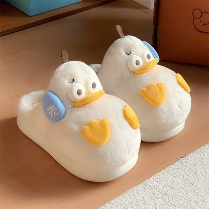 Cute white duck plush slippers with orange beak and asymmetrical cheek patches, indoor shoes with EVA sole