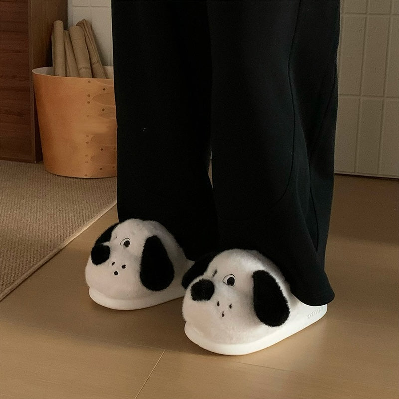 Cute white dog plush slippers with black floppy ears, black nose, and tail, fuzzy indoor shoes with EVA sole