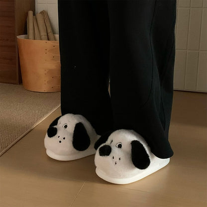 Cute white dog plush slippers with black floppy ears, black nose, and tail, fuzzy indoor shoes with EVA sole