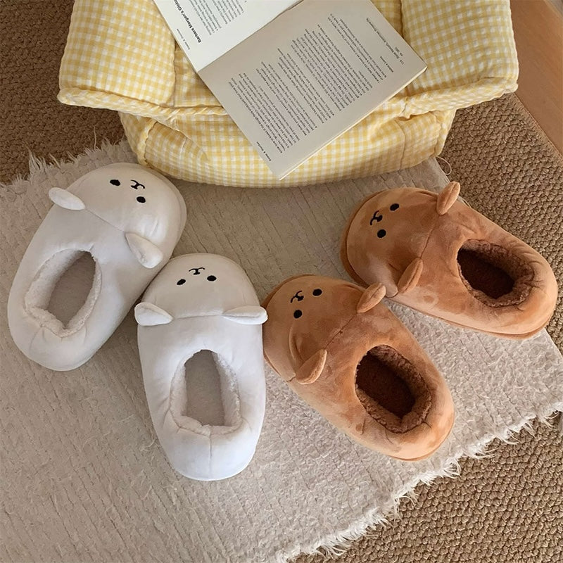 Cute white bear face bootie slippers with 3D ears and embroidered smile, fuzzy indoor shoes with PVC sole