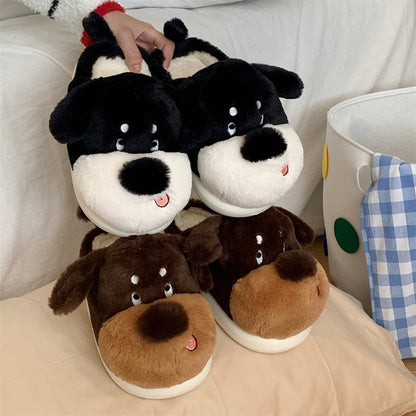 Cute brown dog plush slippers with light brown nose and pink tongue, long-body fuzzy indoor shoes with EVA sole