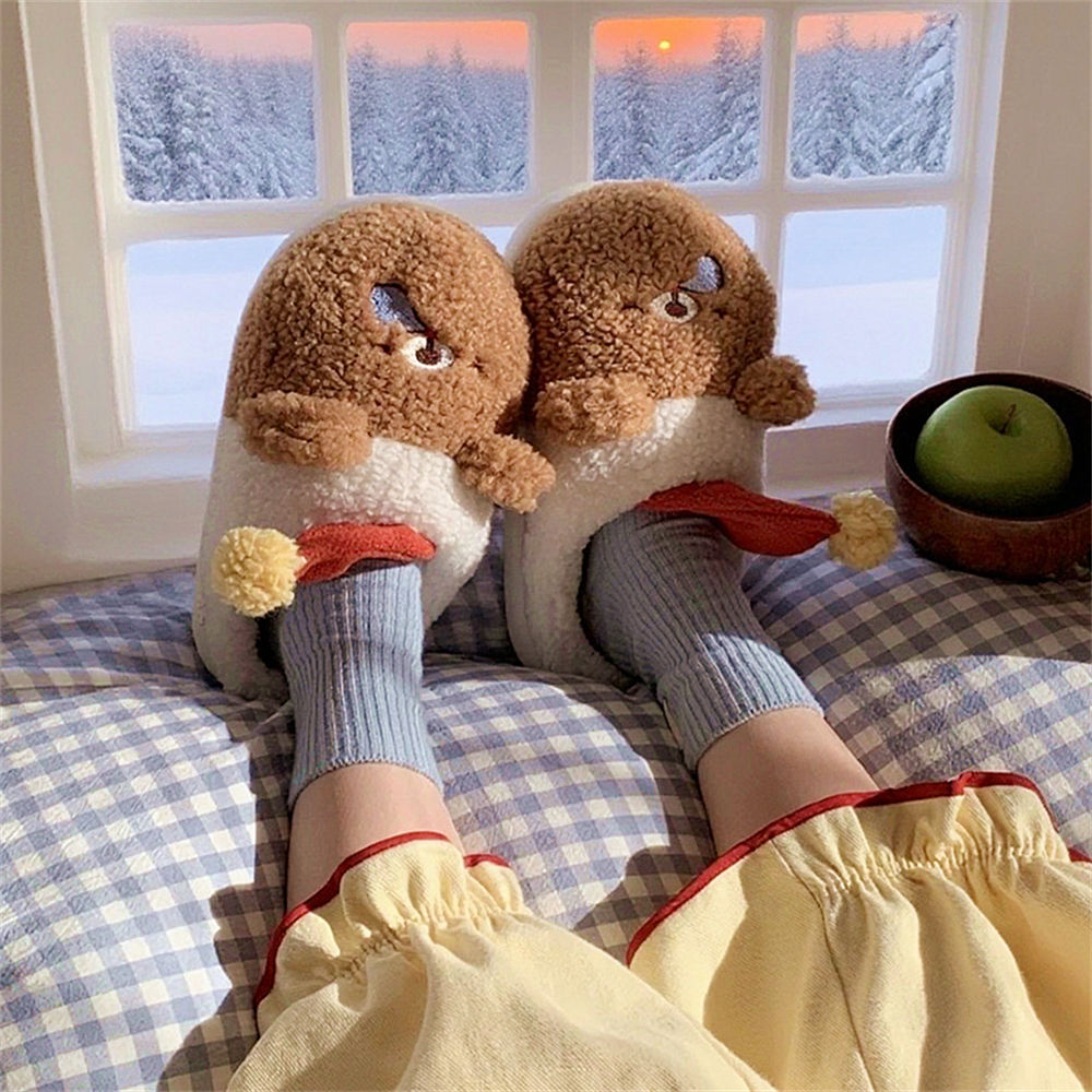 Cute brown and white bear plush slippers with red sleeping hat and pompom, indoor shoes with EVA sole
