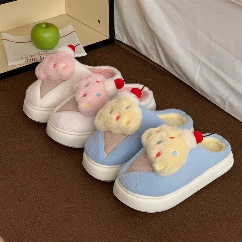 Cute pink cherry ice cream plush slippers with fluffy scoop, colorful sprinkles, and cherry topper, fuzzy indoor shoes with EVA sole
