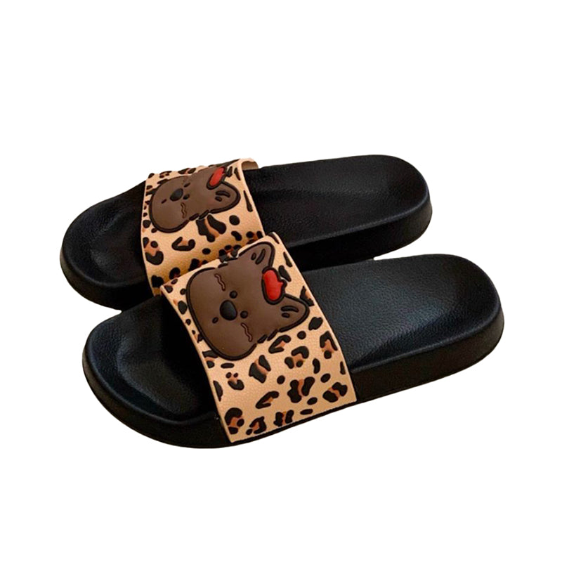 Cute black leopard print dog slippers with brown dog face and red tongue, PVC upper and EVA sole, slip-on indoor shoes