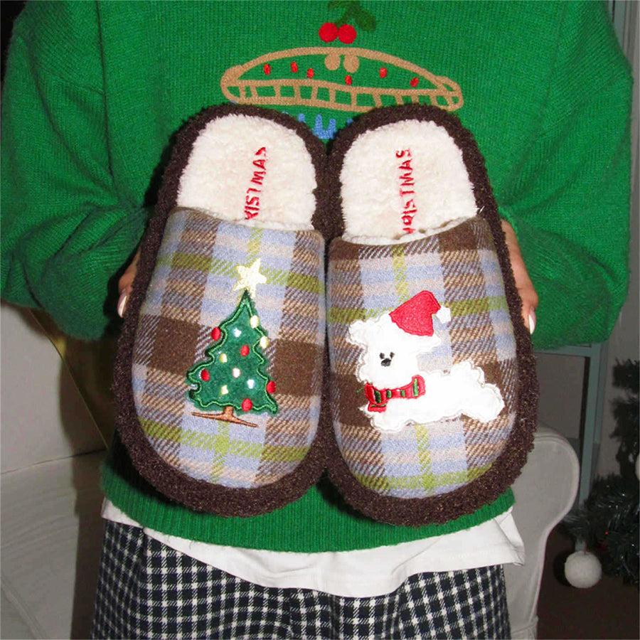 Autumn/Winter Cute Cartoon Dog & Tree Christmas Slippers