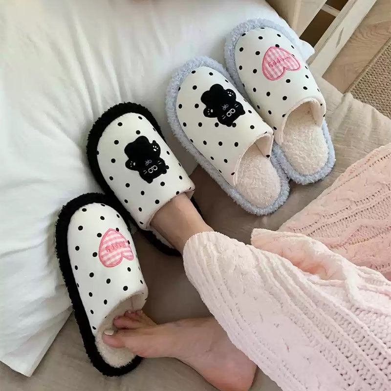 Cute black polka dot indoor slippers with pink heart and black cat patch, fuzzy lined fabric shoes with PVC sole
