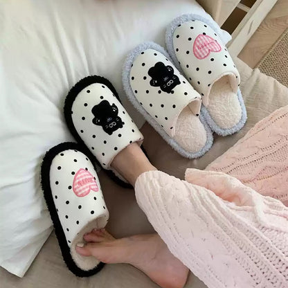 Cute black polka dot indoor slippers with pink heart and black cat patch, fuzzy lined fabric shoes with PVC sole
