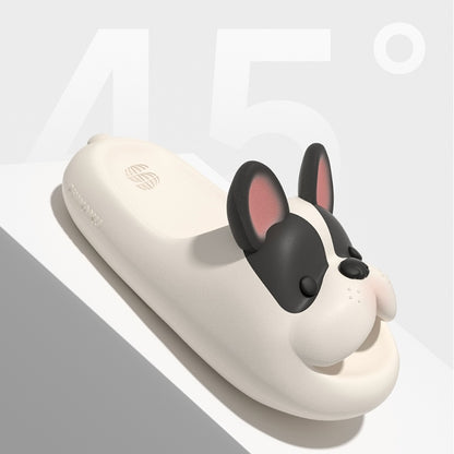 Cute animal French bulldog EVA slide sandals with black ears and pink inner ear, textured footbed indoor shoes with EVA sole