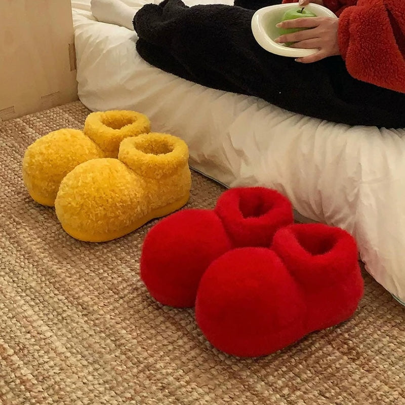 Cute yellow oversized toe plush slippers with fleece texture and TPR sole, warm indoor shoes