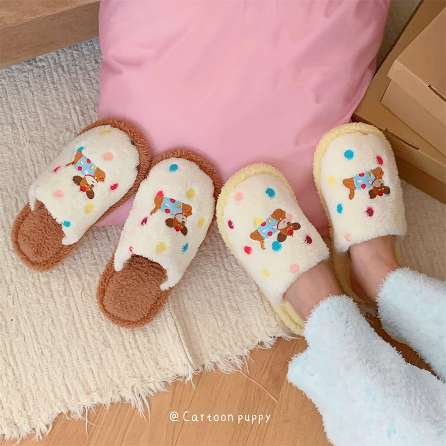 Autumn/Winter Cute Cartoon Polka Dot Embroidery Dachshund Dog Slippers