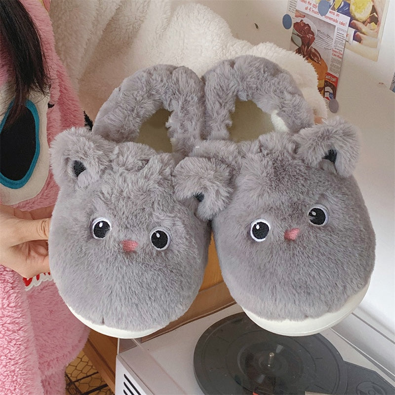 Cute gray animal plush slippers with big round eyes and pink nose, fluffy faux fur indoor shoes with EVA sole