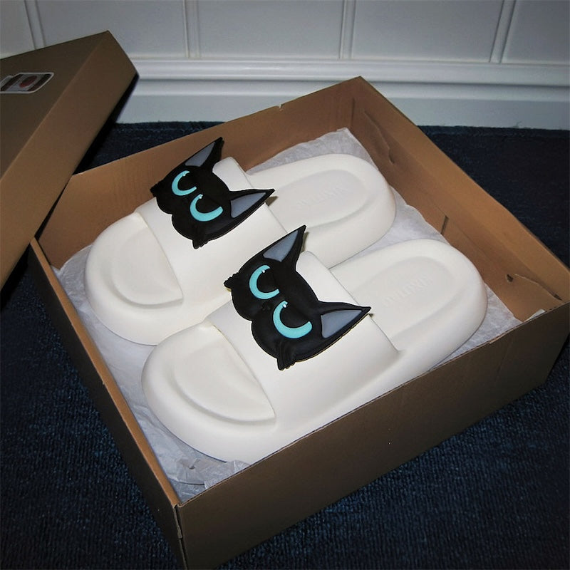 Cute white EVA cat face slide sandals with 3D blue eyes, summer slippers for indoor and outdoor