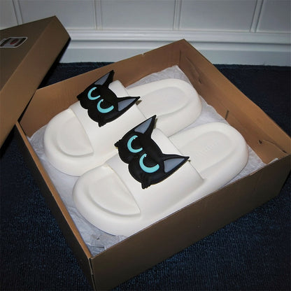Cute white EVA cat face slide sandals with 3D blue eyes, summer slippers for indoor and outdoor