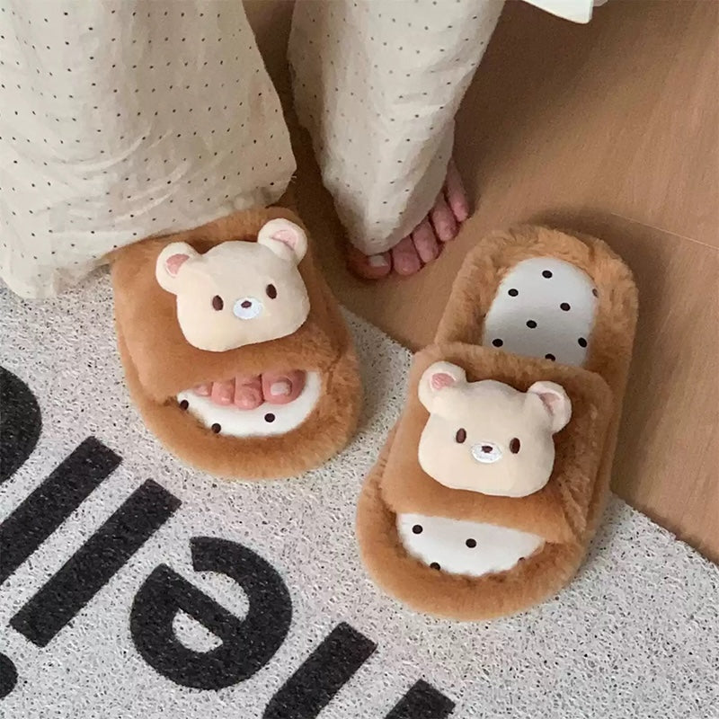 Cute brown fuzzy slide slippers with 3D bear charm and polka dot footbed, indoor shoes with EVA sole