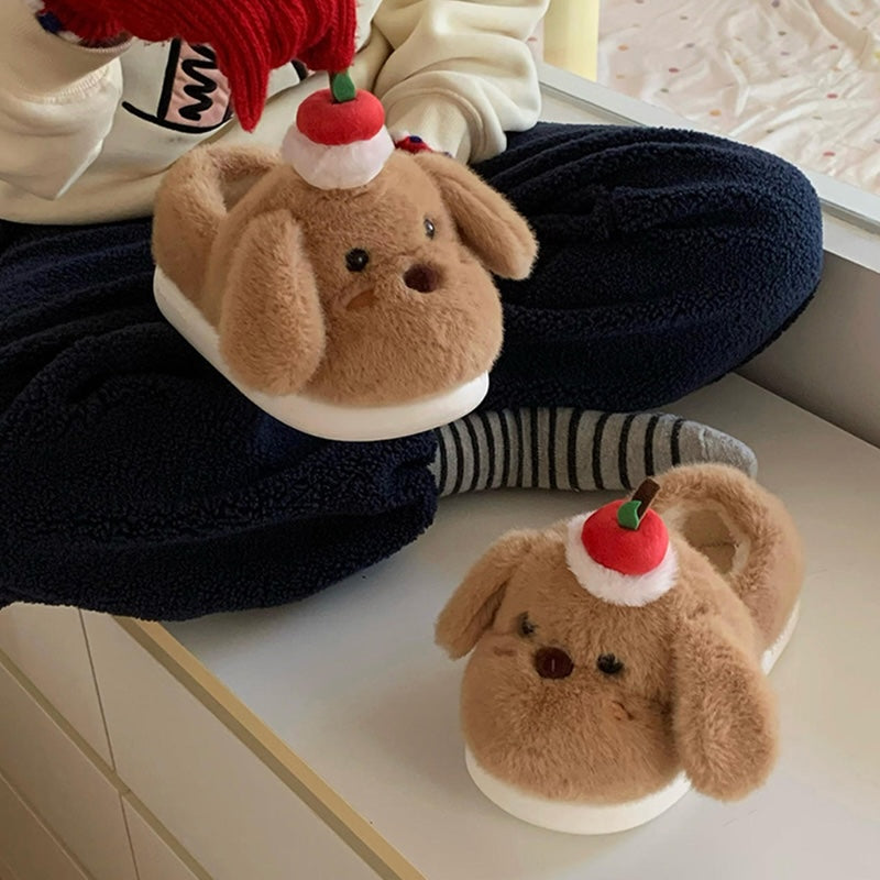 Cute brown dog plush slippers with floppy ears and apple topper, fuzzy indoor shoes with EVA sole