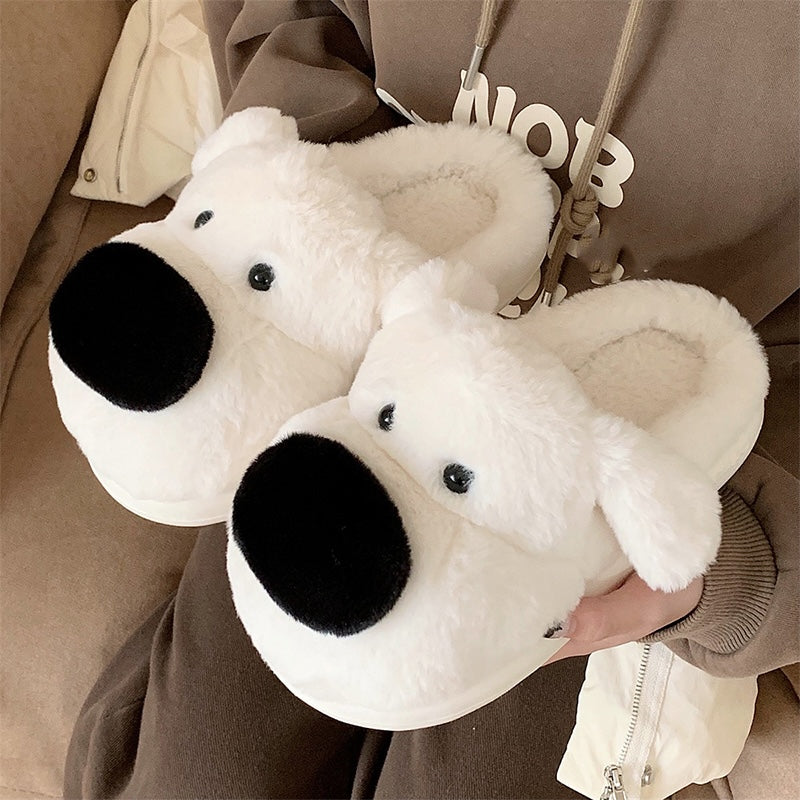 Cute white big nose dog plush slippers with black dot eyes and floppy ears, closed-back fuzzy indoor shoes with EVA sole