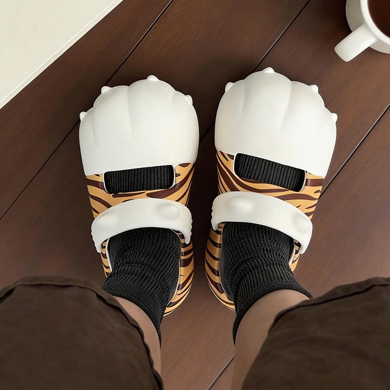 Cute yellow tiger striped cat paw EVA clogs with 3D toes and adjustable strap, lightweight indoor shoes