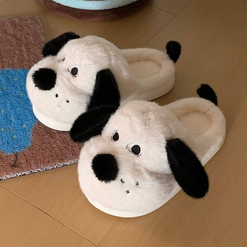 Cute white dog plush slippers with black floppy ears, black nose, and tail, fuzzy indoor shoes with EVA sole