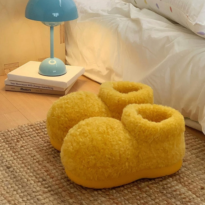 Cute yellow oversized toe plush slippers with fleece texture and TPR sole, warm indoor shoes