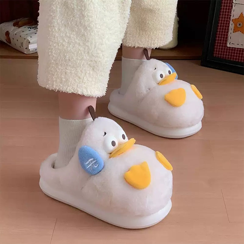 Cute white duck plush slippers with orange beak and asymmetrical cheek patches, indoor shoes with EVA sole