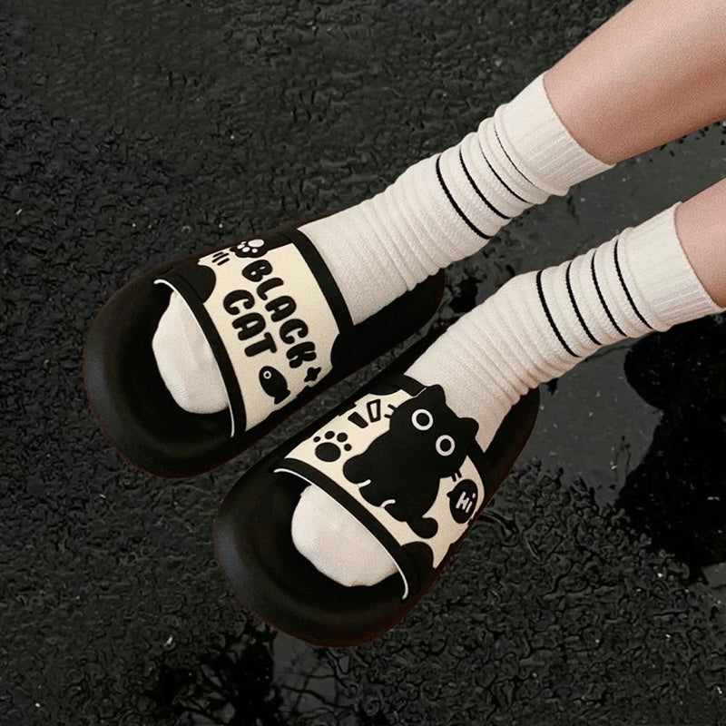 Cute black cat print EVA slide sandals with "Hi" bubble and text, all-EVA slip-on shoes for indoor and outdoor