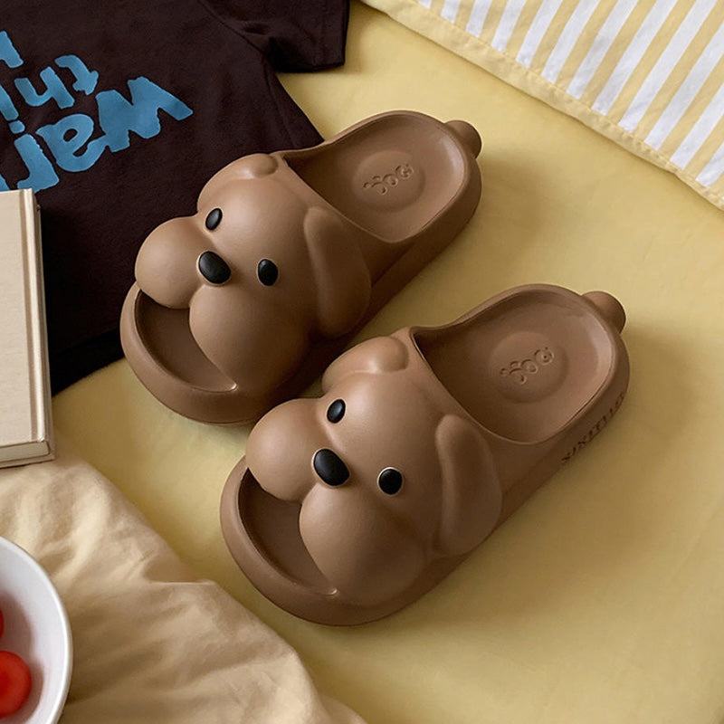 Cute brown 3D dog EVA slide sandals with big nose and floppy ears, lightweight indoor slip-on shoes