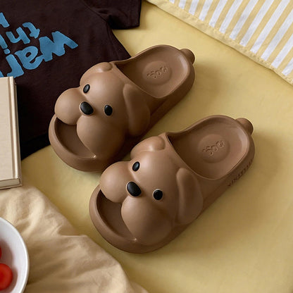Cute brown 3D dog EVA slide sandals with big nose and floppy ears, lightweight indoor slip-on shoes