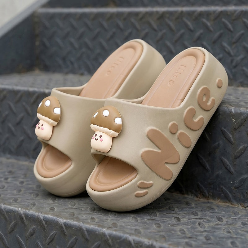 Cute khaki mushroom character EVA slide sandals with black dot cap and "Nice" print, chunky indoor shoes