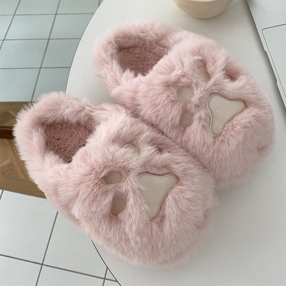 Cute pink paw print plush slippers with 3D paw design, fuzzy faux fur indoor shoes with PVC sole