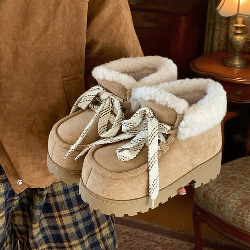 Cute khaki faux suede bootie slippers with fuzzy trim and chunky rubber sole, lace-up warm indoor shoes