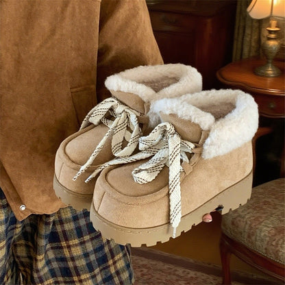 Cute khaki faux suede bootie slippers with fuzzy trim and chunky rubber sole, lace-up warm indoor shoes