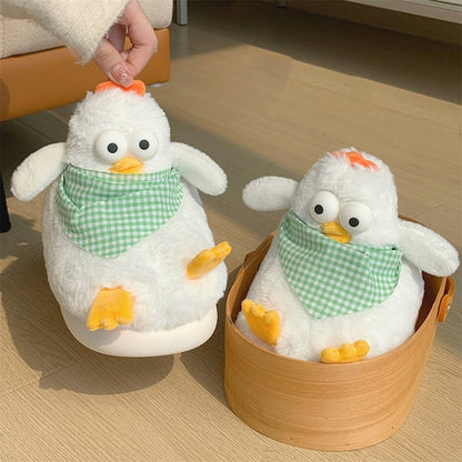 Cute white chicken plush slippers with green plaid scarf, big eyes, and orange details, fuzzy faux fur indoor shoes with EVA sole