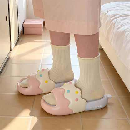 Cute pink ice cream EVA slide sandals with colorful sprinkles and melted design, lightweight indoor slip-on shoes