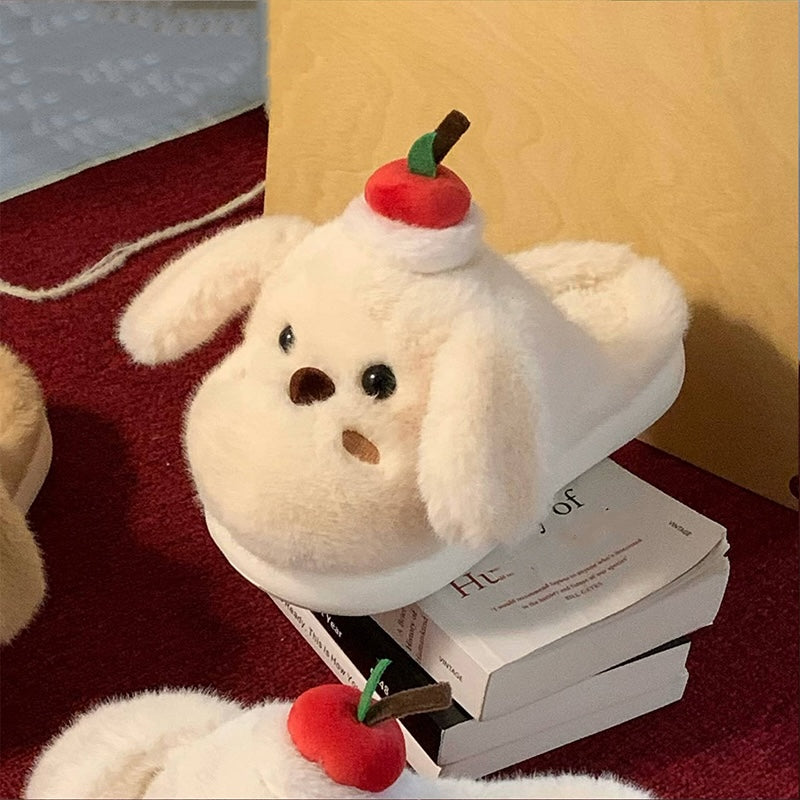 Cute white dog plush slippers with floppy ears and apple topper, fuzzy indoor shoes with EVA sole