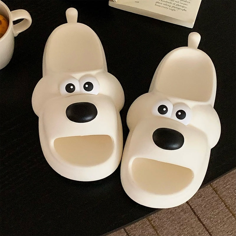 Cute milky white cartoon dog EVA slide sandals with big white eyes and small tail, lightweight all-EVA indoor shoes