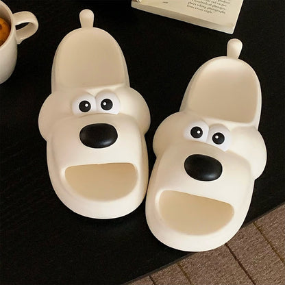 Cute milky white cartoon dog EVA slide sandals with big white eyes and small tail, lightweight all-EVA indoor shoes