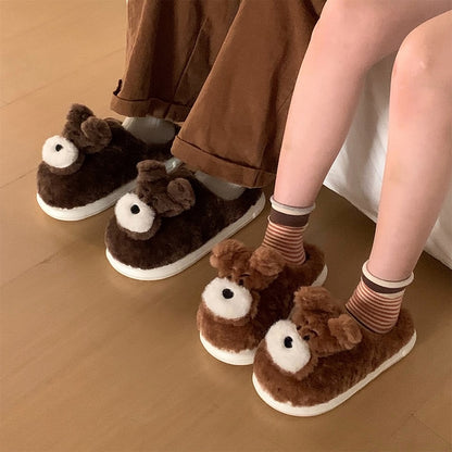 Cute light brown dog plush slippers with white round muzzle and short ears, indoor shoes with EVA sole