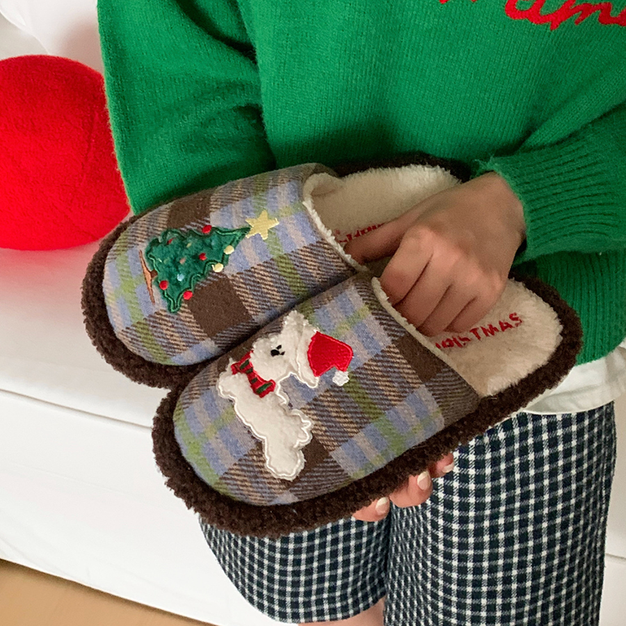Autumn/Winter Cute Cartoon Dog & Tree Christmas Slippers