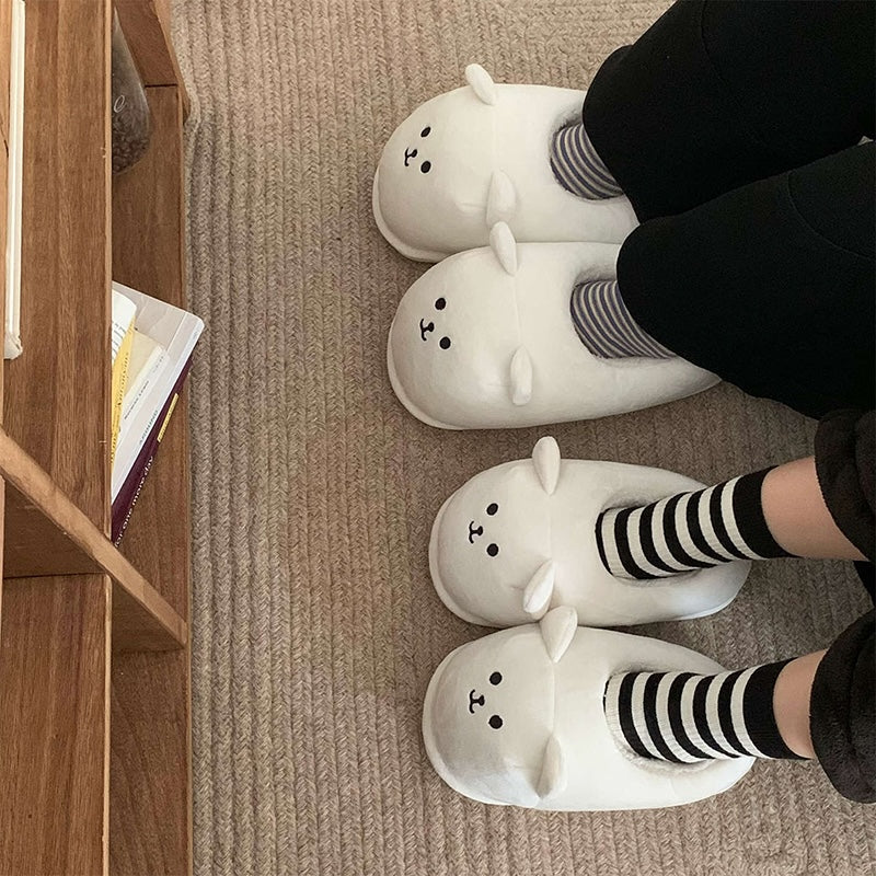 Cute white bear face bootie slippers with 3D ears and embroidered smile, fuzzy indoor shoes with PVC sole