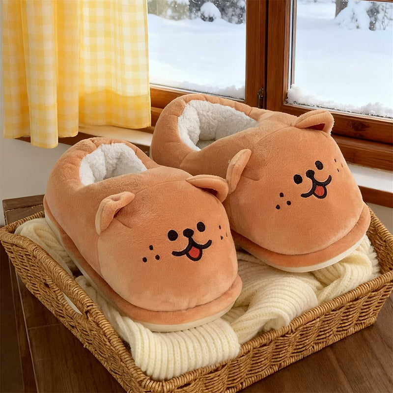 Cute brown Shiba Inu dog face bootie slippers with 3D ears and embroidered face, fuzzy indoor shoes with PVC sole