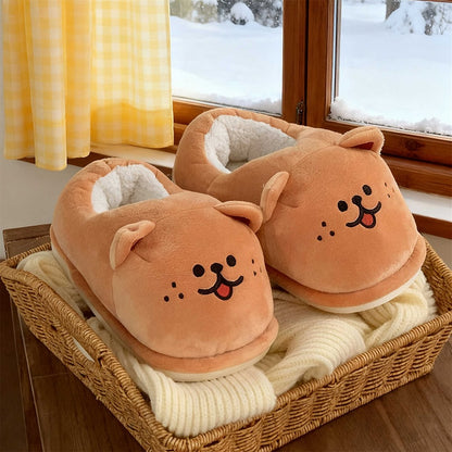 Cute brown Shiba Inu dog face bootie slippers with 3D ears and embroidered face, fuzzy indoor shoes with PVC sole