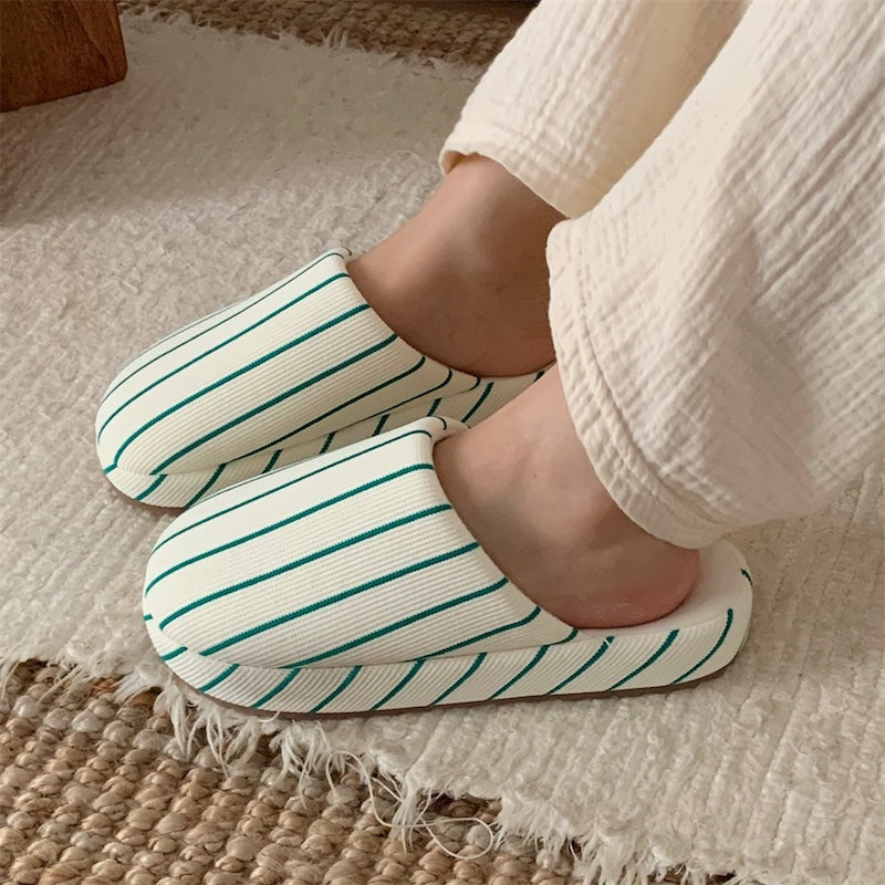 Green striped linen slippers with woven texture and dark lining, indoor shoes with TPR sole