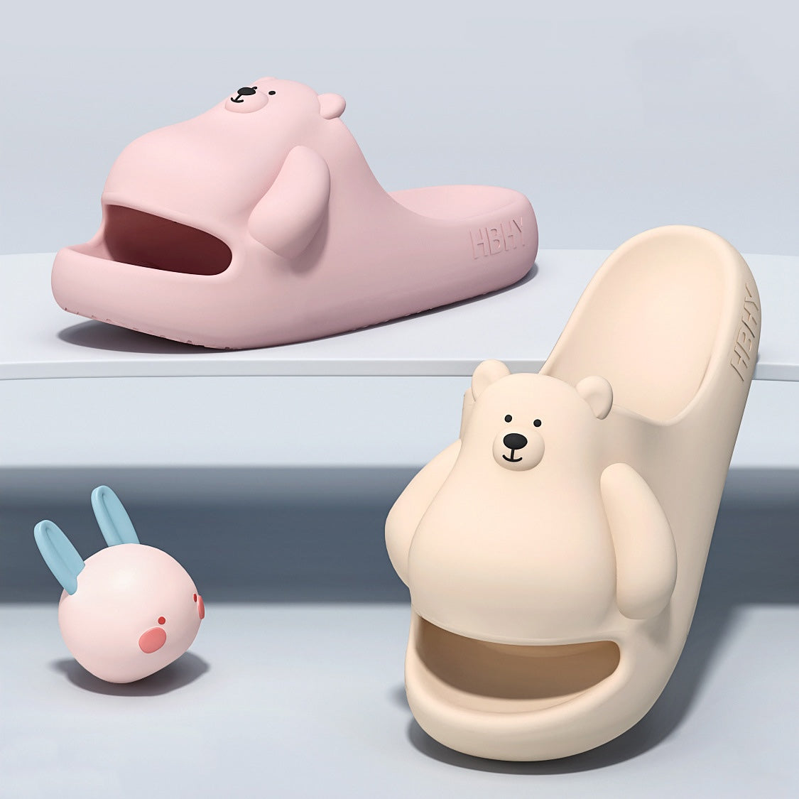 Cute milky white 3D bear EVA slide sandals with round ears and hugging arms, lightweight indoor shoes