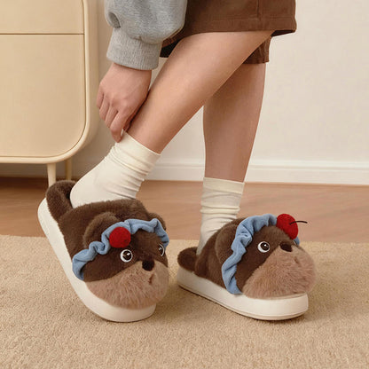 Cute brown bear plush slippers with blue ruffled headband and cherry topper, fuzzy indoor shoes with EVA sole