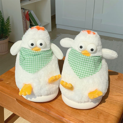 Cute white chicken plush slippers with green plaid scarf, big eyes, and orange details, fuzzy faux fur indoor shoes with EVA sole