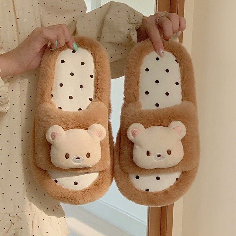 Cute brown fuzzy slide slippers with 3D bear charm and polka dot footbed, indoor shoes with EVA sole