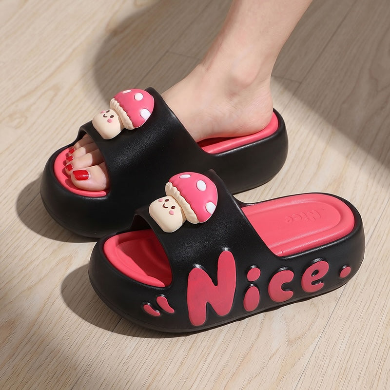 Cute black mushroom character EVA slide sandals with black dot cap and "Nice" print, chunky indoor shoes