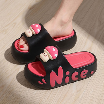 Cute black mushroom character EVA slide sandals with black dot cap and "Nice" print, chunky indoor shoes