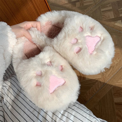 Cute white paw print plush slippers with 3D paw design, fuzzy faux fur indoor shoes with PVC sole